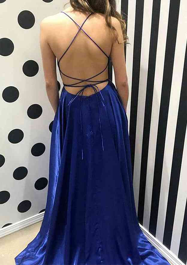 A-line Bateau Spaghetti Straps Sweep Train Charmeuse Prom Dress With Split