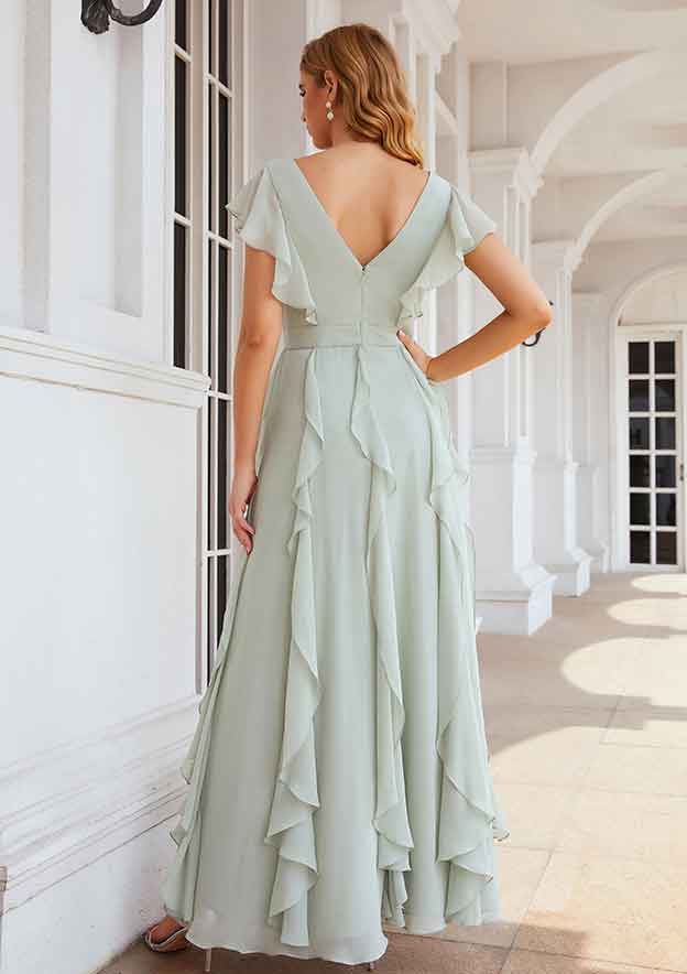 A-line V Neck Short Sleeve Long/Floor-Length Chiffon Bridesmaid Dress With Pleated Ruffles