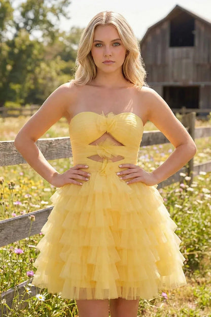 Strapless Tiered Ruffle Tulle Short Homecoming Dress With Flowers | Sevoba