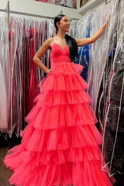Lavender V-Neck Ruffle Tiered Long Prom Gown