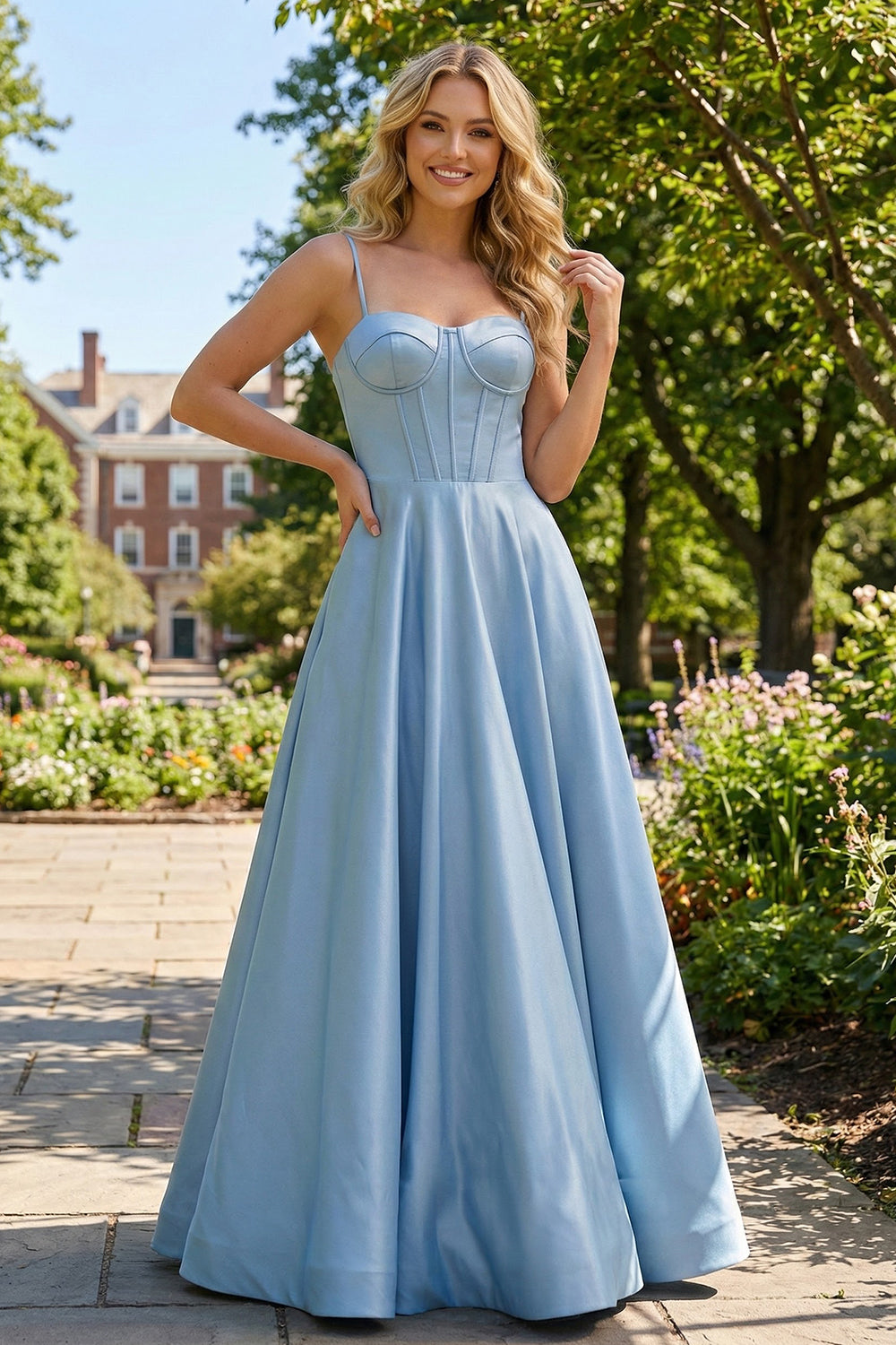 Sevoba light blue satin A-line prom dress featuring a structured corset bodice with visible boning and spaghetti straps, front view in outdoor.