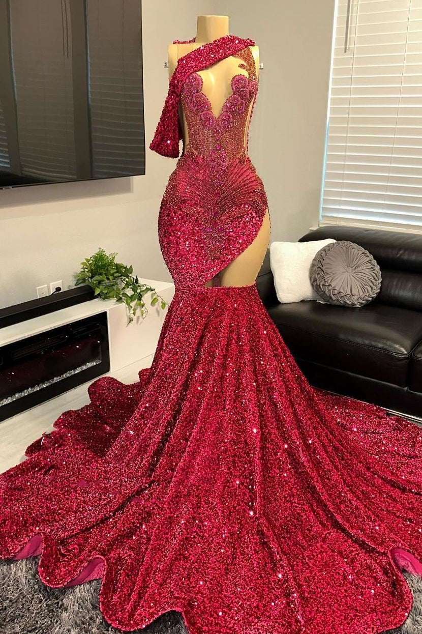 Glamorous One shoulder Burgundy Sequined Long Prom Party Dresses With Cutouts