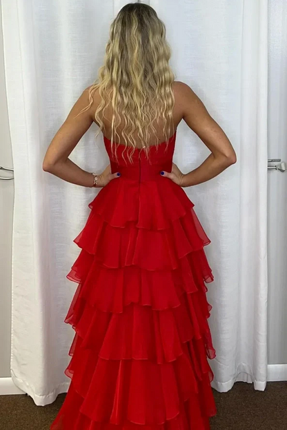 Sevoba|A-Line Strapless V-Neck Layered Chiffon Sleeveless Formal Prom Dress