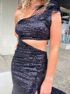 One Shoulder Sparkly Unique Black Mermaid Prom Dress