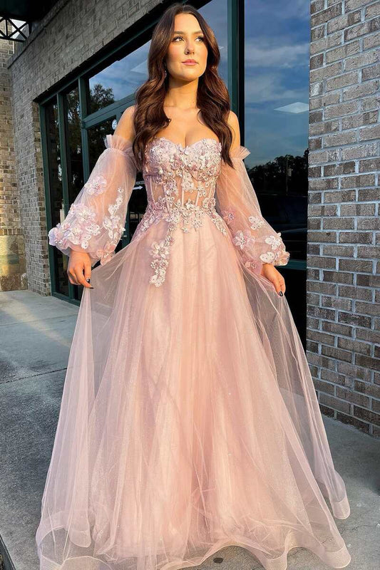 Sevoba|Pink Tulle Strapless A-Line Prom Dress with Balloon Sleeves