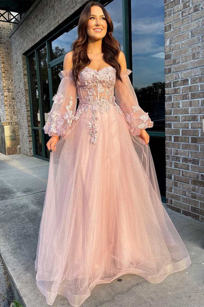 Sevoba|Pink Tulle Strapless A-Line Prom Dress with Balloon Sleeves