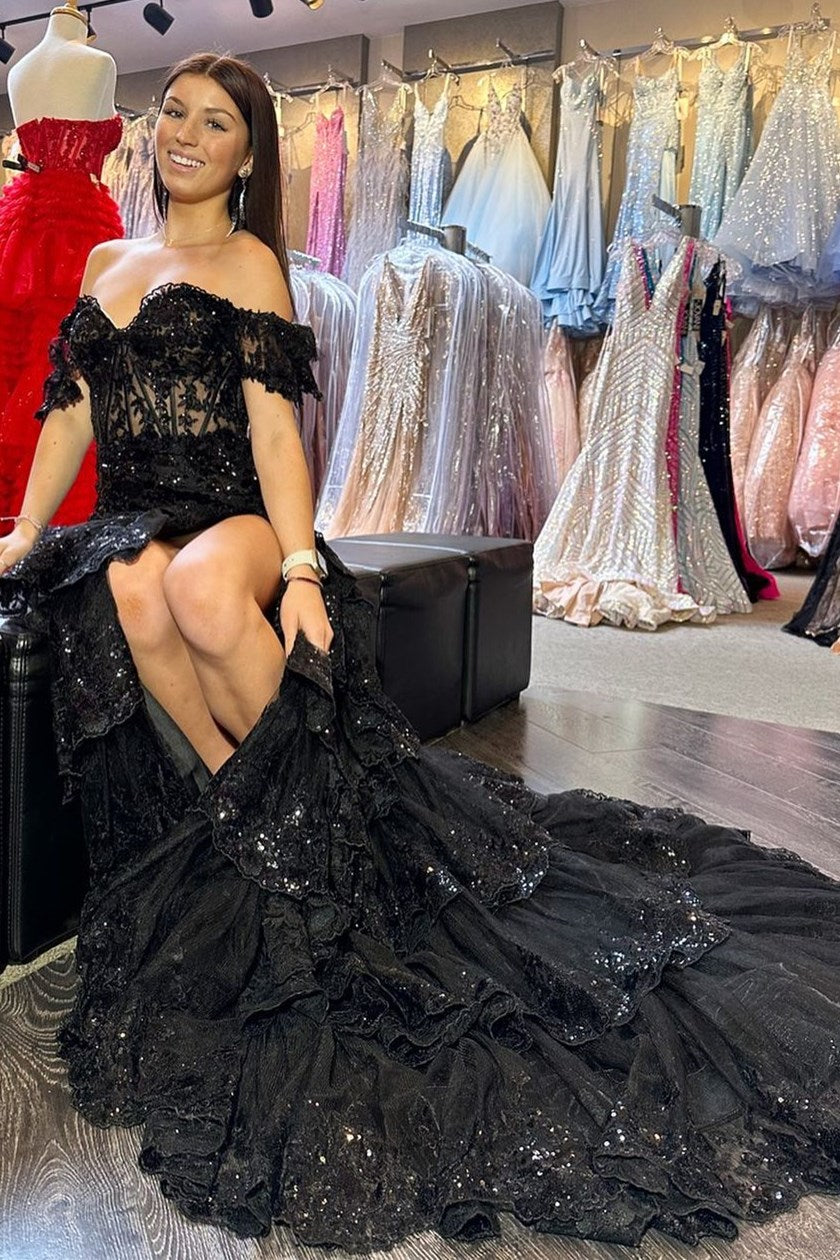Sevoba|Red Sequin-Embroidery Off-the-Shoulder Tiered Long Prom Dress with Slit