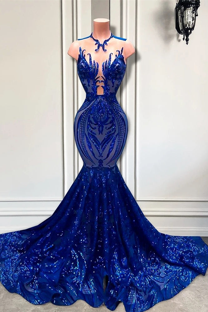 Fabulous Sequined Royal Blue Sleeveless Mermaid Long Formal Dresses