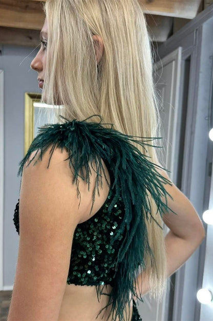 Sequin Feather One-Shoulder Mermaid Long Dress with Slit