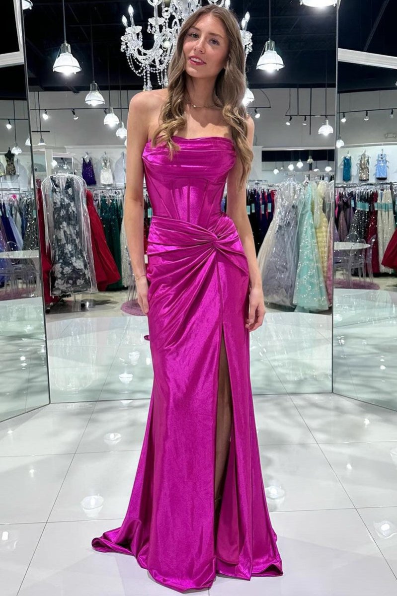 Nadia |Mermaid Strapless Satin Long Prom Dress With Slit
