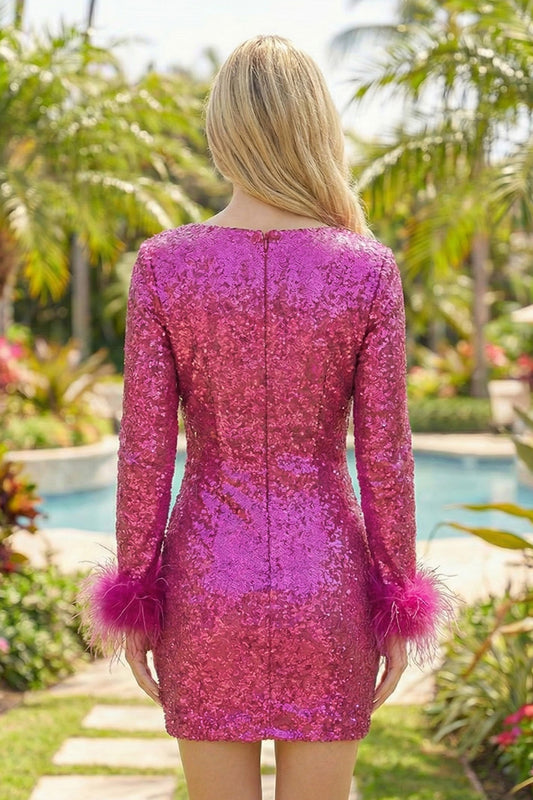 Long Sleeves V Neck Sequins Short Tight Homecoming Dress | Sevoba