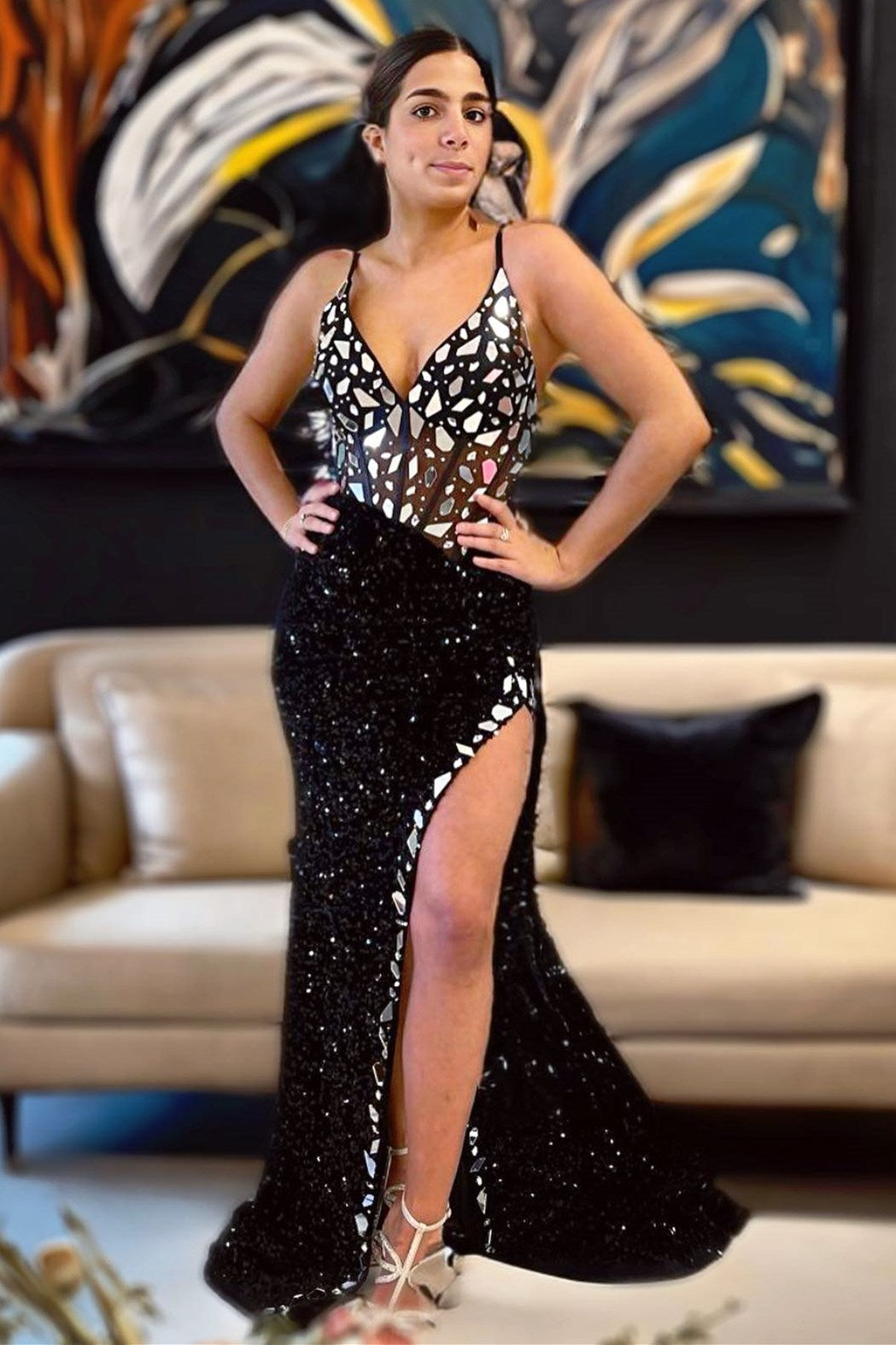 Sevoba|Green Sequin V-Neck Long Prom Dress with Cut Glass Mirrors