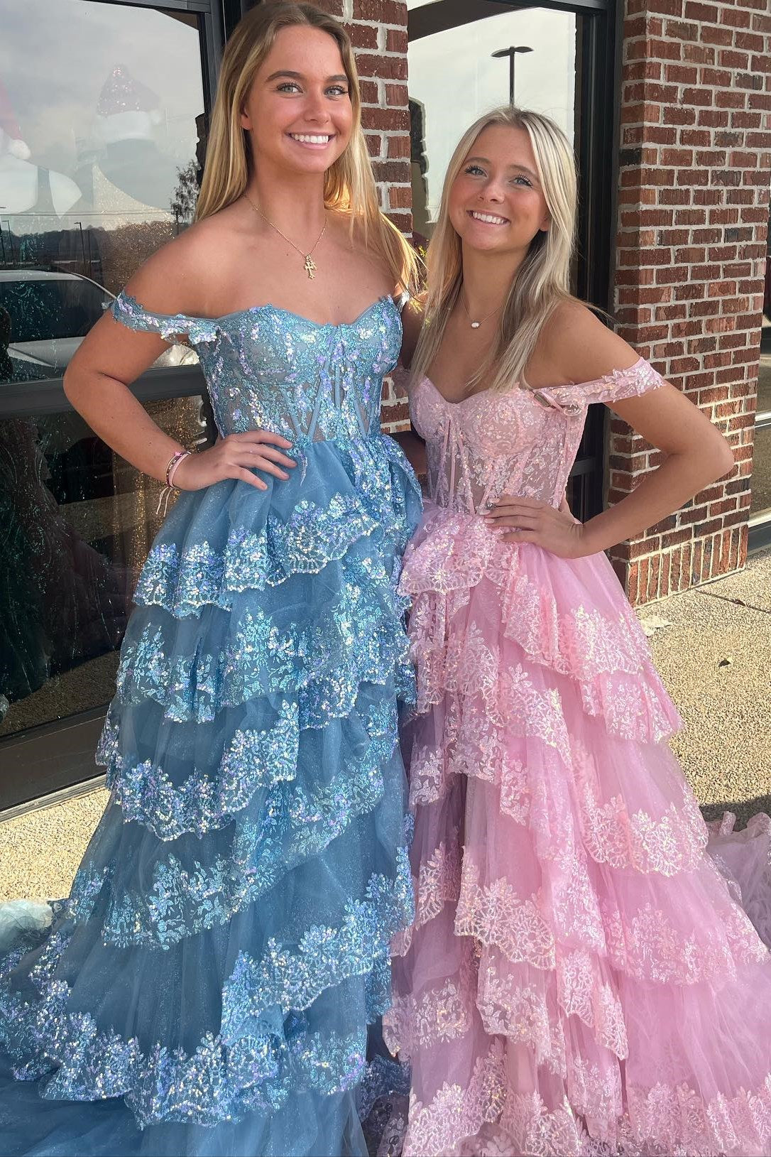 Sevoba|Pink Sequin Appliques Off-the-Shoulder Ruffle Tiered Long Prom Dress