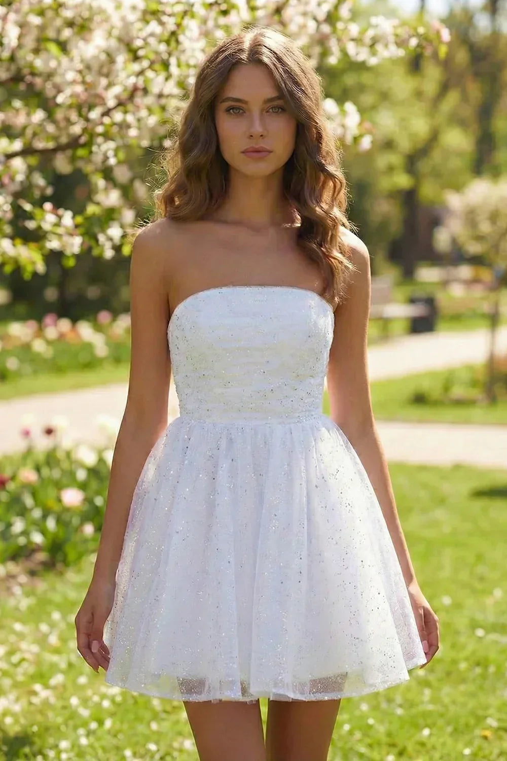 A Line Strapless Glitter Tulle Homecoming Dresses with Bow | Sevoba