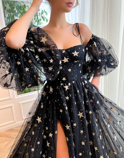 Tara | Side Slit Black Prom Dress with Stars