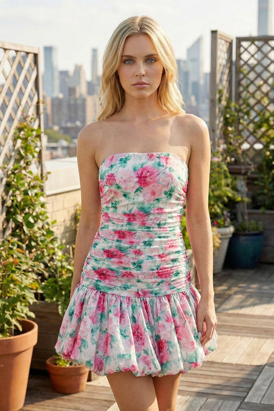 Sheath Floral Strapless Short Homecoming Dresses | Sevoba