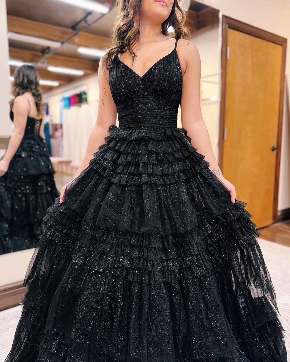 Sevoba | A-Line Deep V Neck Tiered Long Glitter Tulle Prom Dress