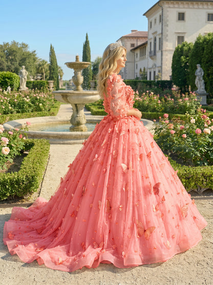 Charming Ball Gown Illusion Long Sleeves Quinceañera Dress With 3D Butterfly | Sevoba