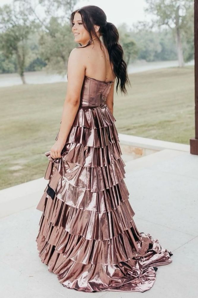 Sevoba|A-Line Metallic Empire-Waist Sweetheart Ruffle Tiered Long Prom Dress
