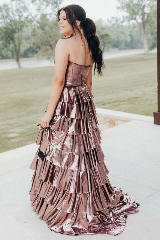 Sevoba|A-Line Metallic Empire-Waist Sweetheart Ruffle Tiered Long Prom Dress