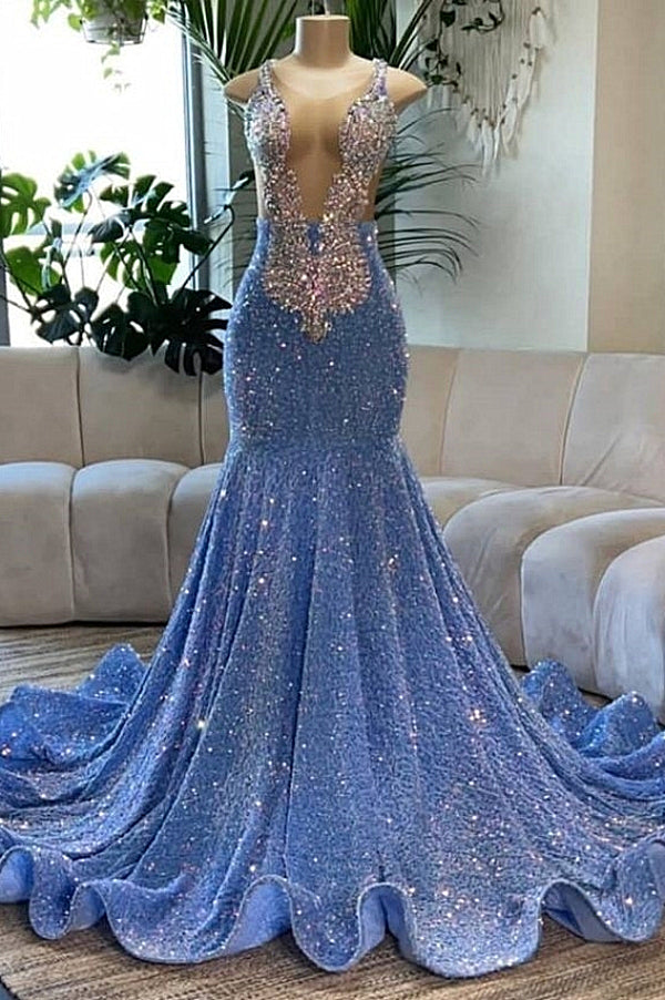 Beautiful Deep V-Neck Mermaid Sequins Backless Long Prom Dresses