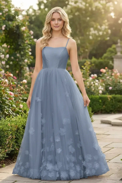 3D Butterfly Spaghetti Strap Applique Tulle Prom Dress | Sevoba