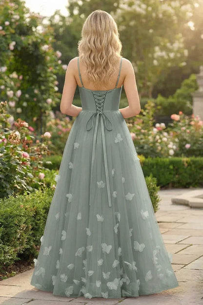 3D Butterfly Spaghetti Strap Applique Tulle Prom Dress | Sevoba