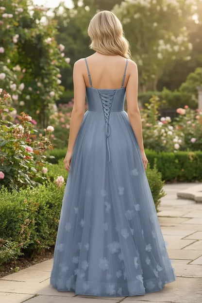 3D Butterfly Spaghetti Strap Applique Tulle Prom Dress | Sevoba