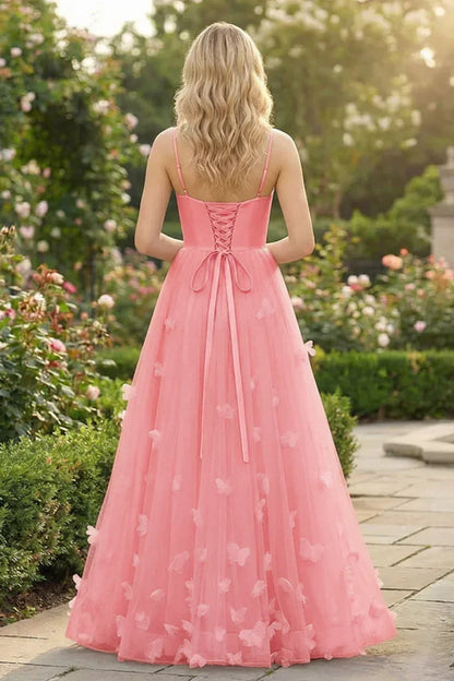 3D Butterfly Spaghetti Strap Applique Tulle Prom Dress | Sevoba