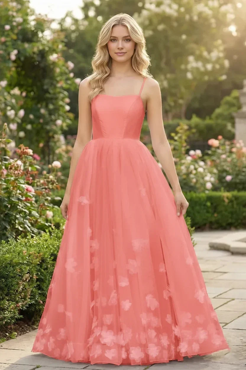 3D Butterfly Spaghetti Strap Applique Tulle Prom Dress | Sevoba