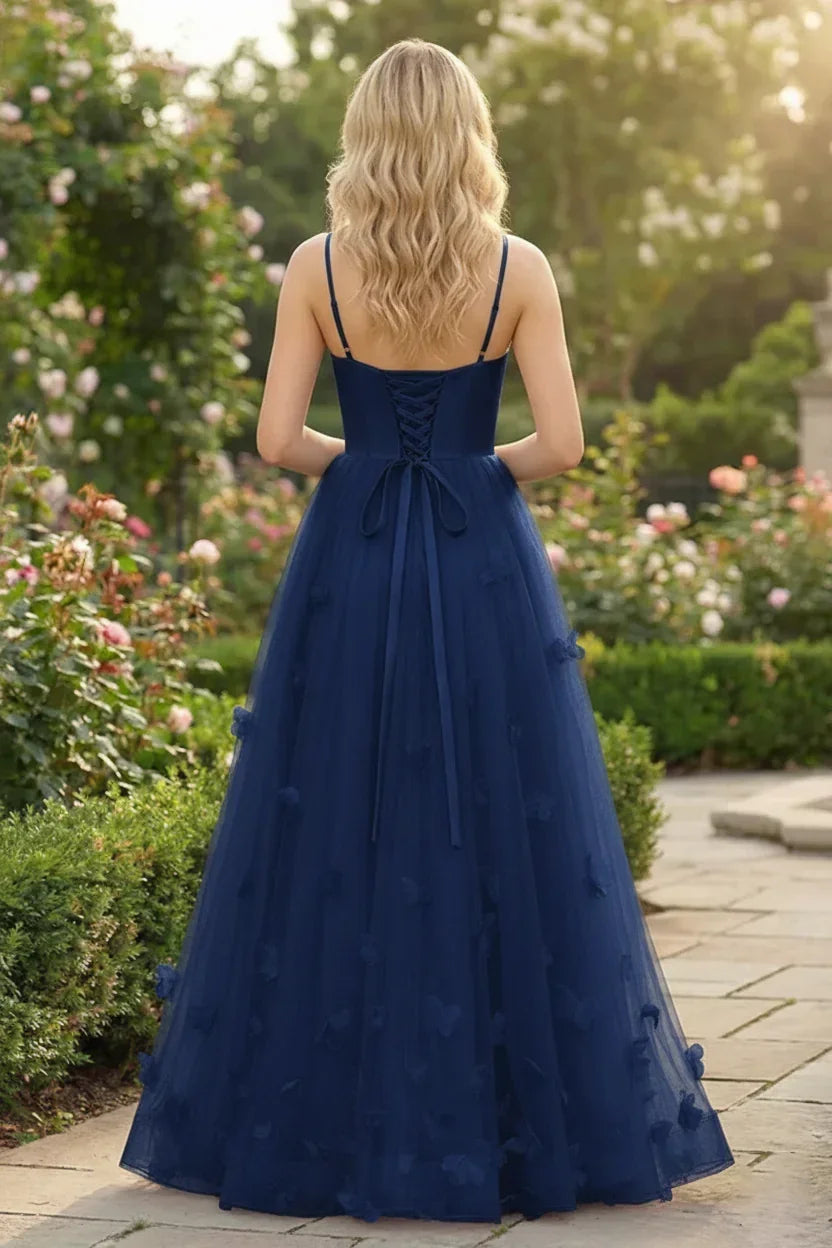 3D Butterfly Spaghetti Strap Applique Tulle Prom Dress | Sevoba
