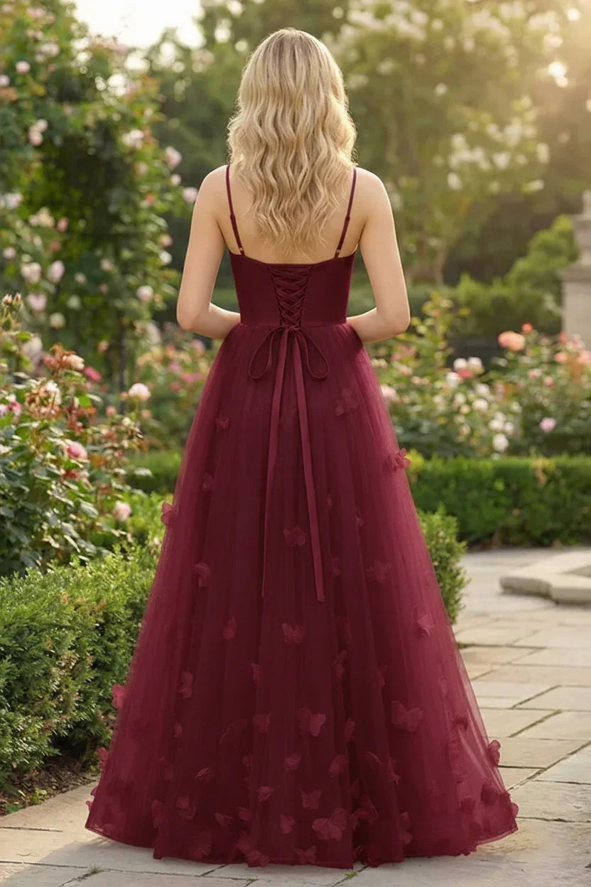 3D Butterfly Spaghetti Strap Applique Tulle Prom Dress | Sevoba