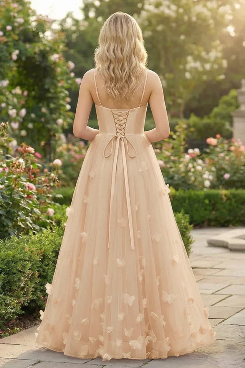 3D Butterfly Spaghetti Strap Applique Tulle Prom Dress | Sevoba