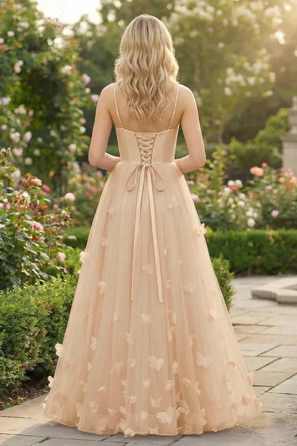 3D Butterfly Spaghetti Strap Applique Tulle Prom Dress | Sevoba