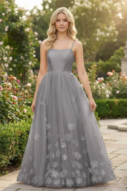 3D Butterfly Spaghetti Strap Applique Tulle Prom Dress | Sevoba