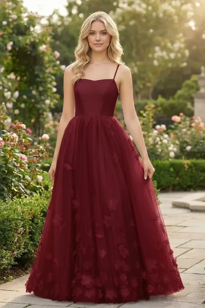 3D Butterfly Spaghetti Strap Applique Tulle Prom Dress | Sevoba