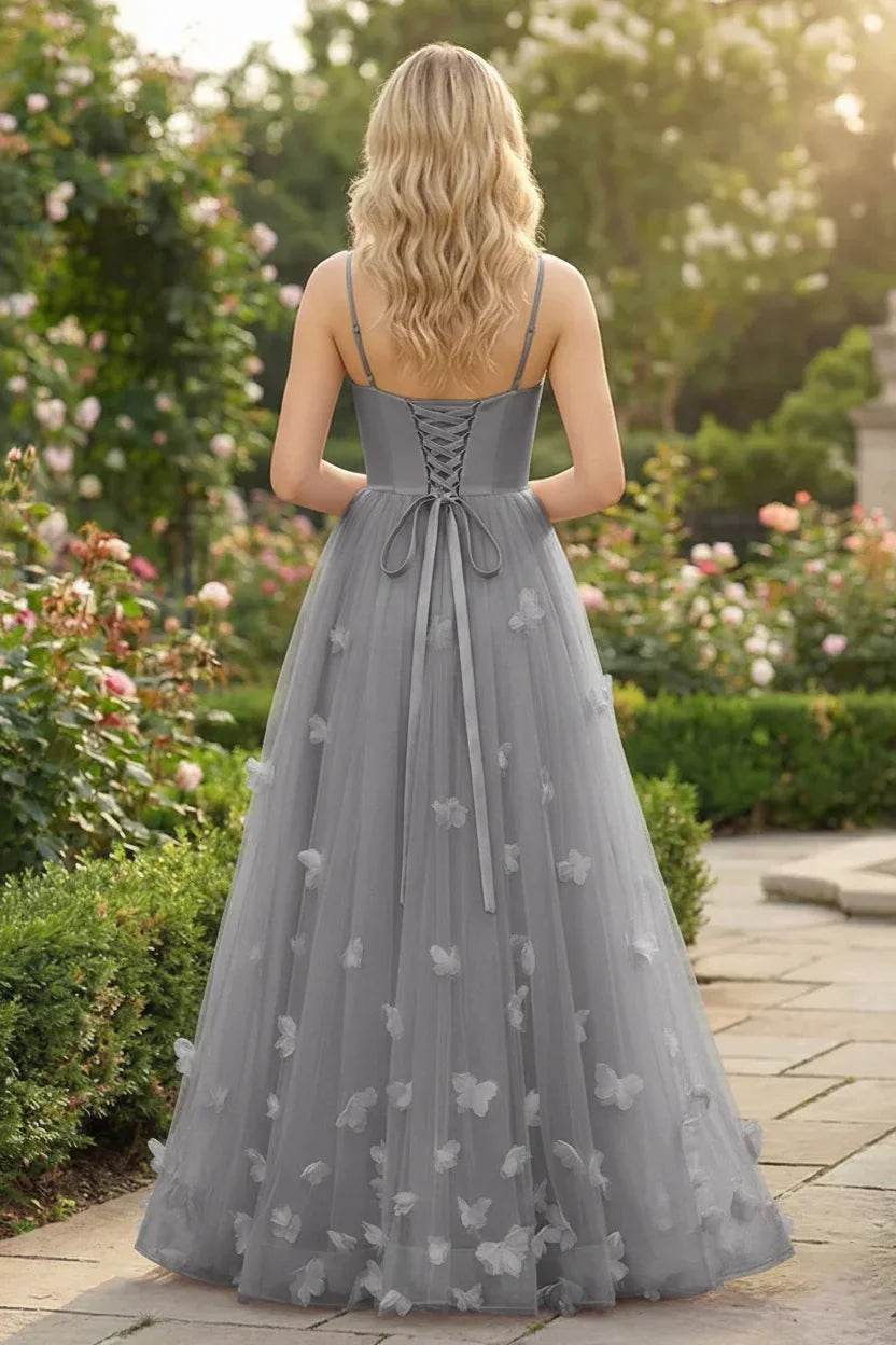 3D Butterfly Spaghetti Strap Applique Tulle Prom Dress | Sevoba