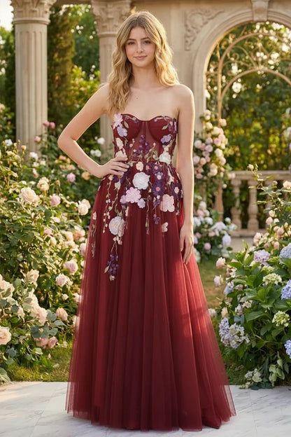 3D Floral Applique Strapless Tulle Corset Prom Dress | Sevoba