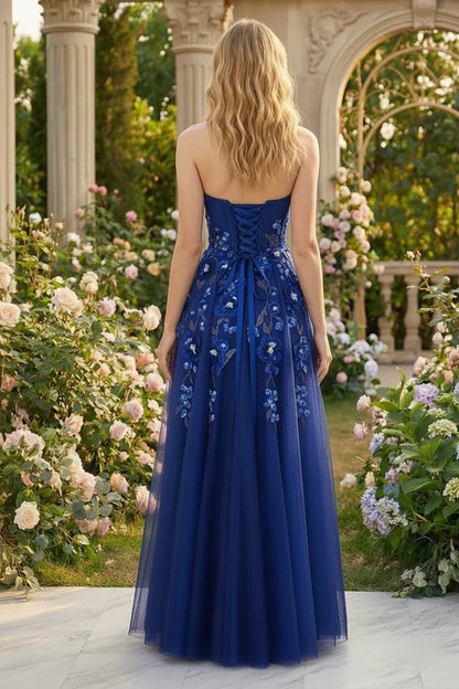 3D Floral Applique Strapless Tulle Corset Prom Dress | Sevoba