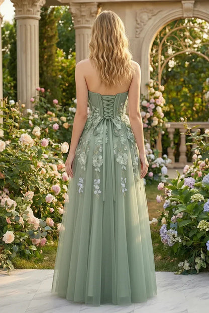 3D Floral Applique Strapless Tulle Corset Prom Dress | Sevoba