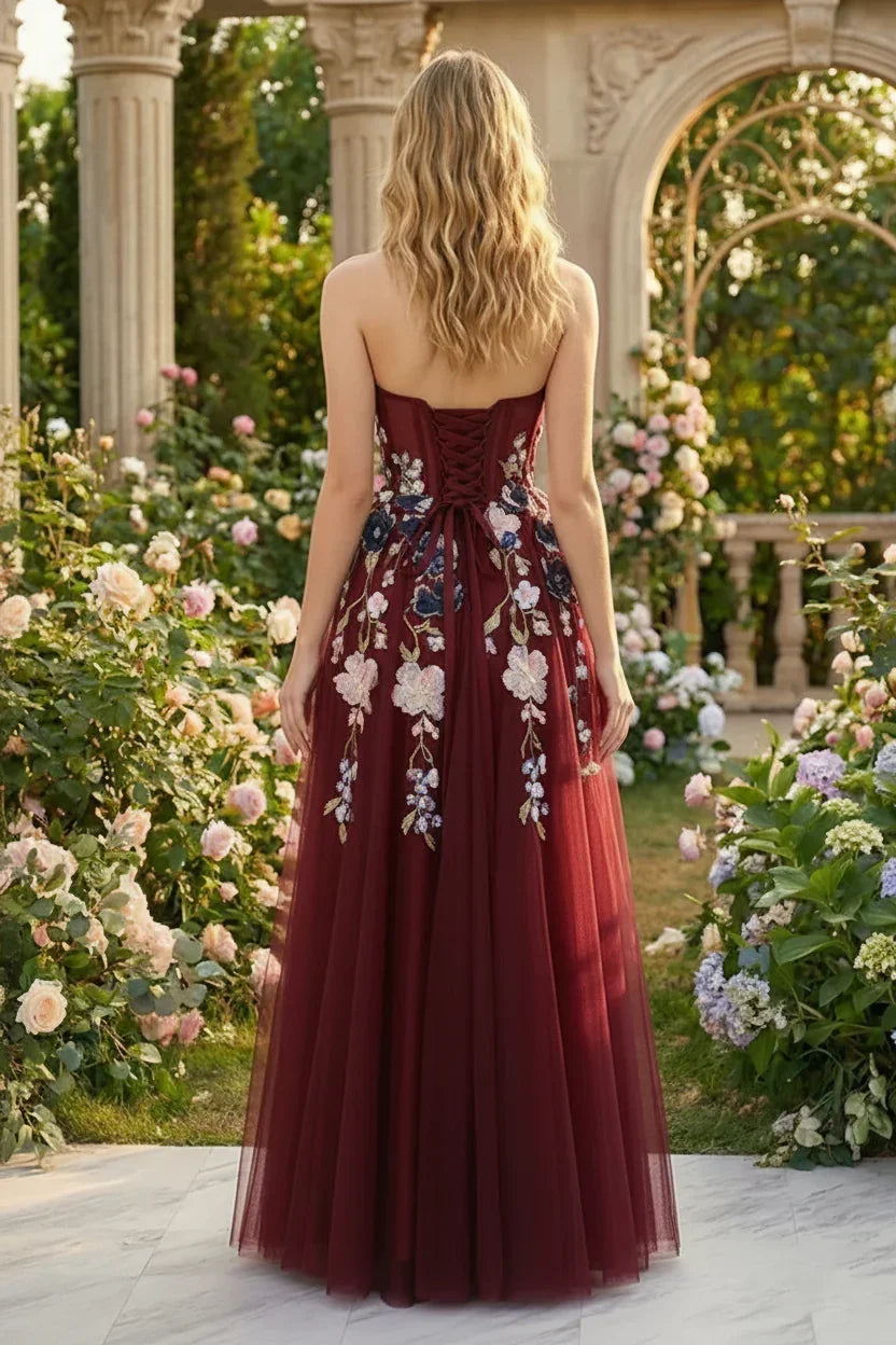 3D Floral Applique Strapless Tulle Corset Prom Dress | Sevoba