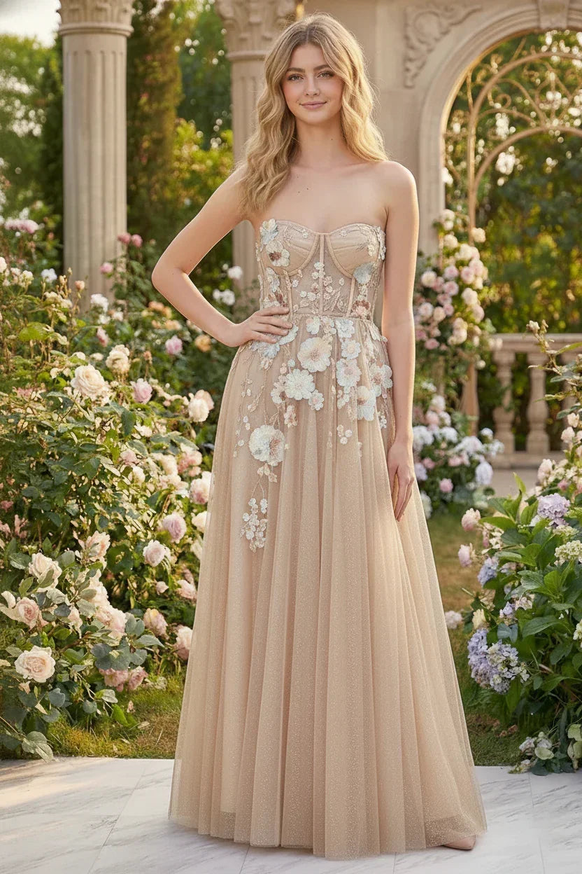 3D Floral Applique Strapless Tulle Corset Prom Dress | Sevoba