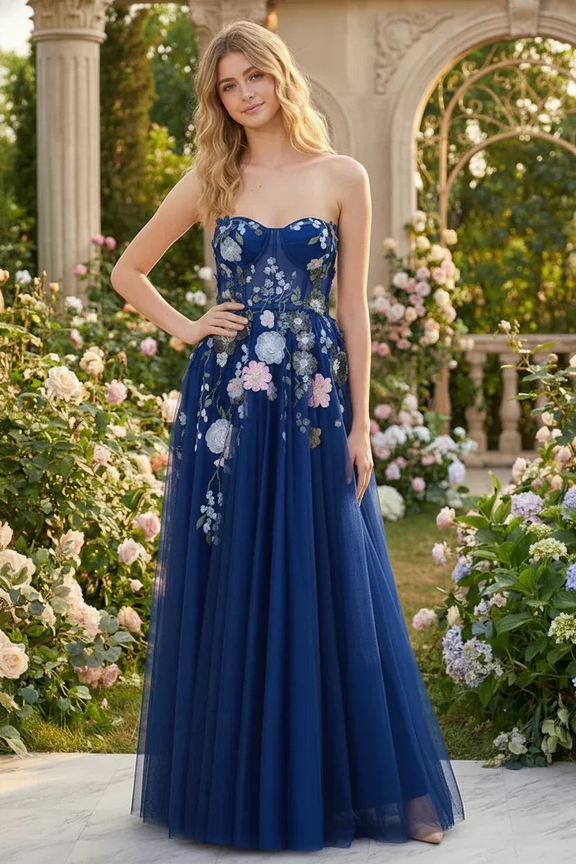 3D Floral Applique Strapless Tulle Corset Prom Dress | Sevoba