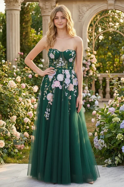 3D Floral Applique Strapless Tulle Corset Prom Dress | Sevoba
