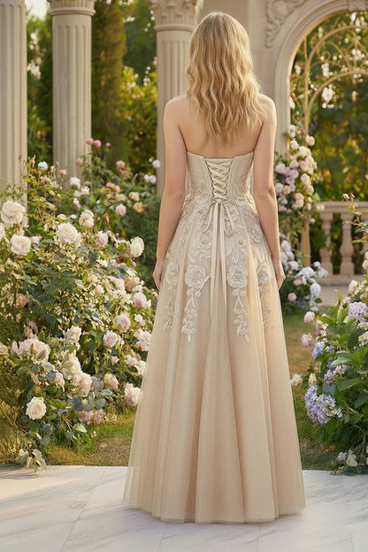 3D Floral Applique Strapless Tulle Corset Prom Dress | Sevoba