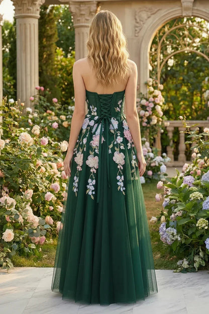 3D Floral Applique Strapless Tulle Corset Prom Dress | Sevoba