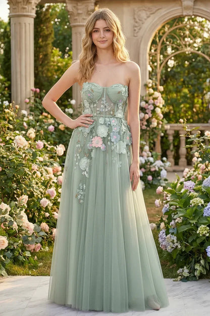 3D Floral Applique Strapless Tulle Corset Prom Dress | Sevoba