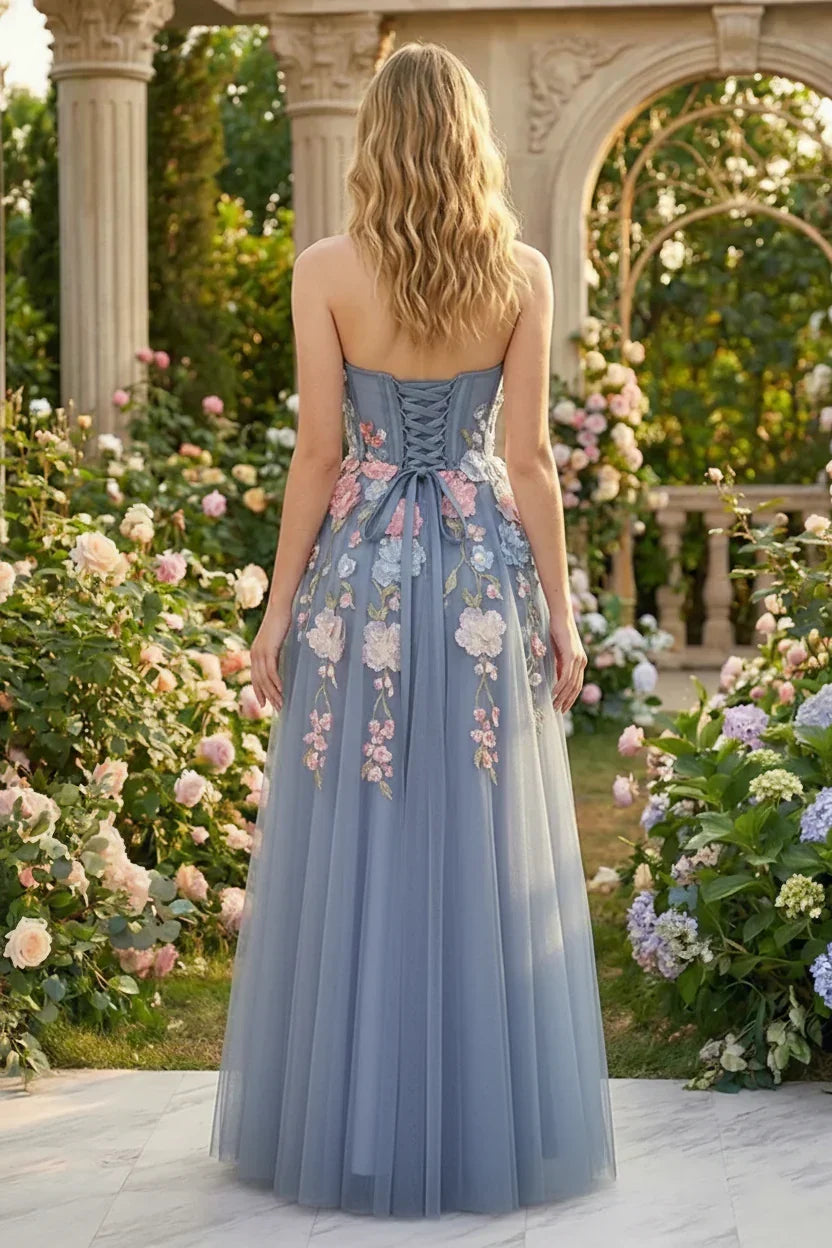 3D Floral Applique Strapless Tulle Corset Prom Dress | Sevoba