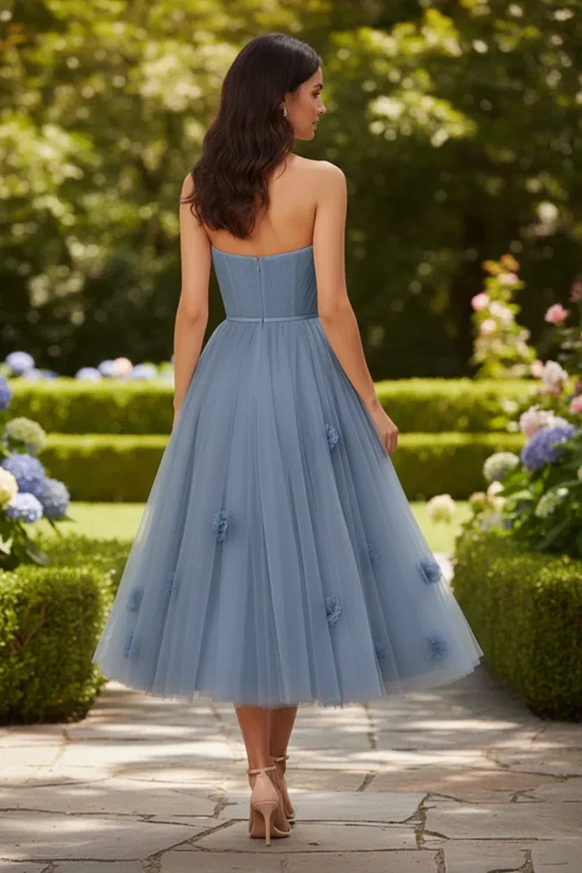 3D Floral Strapless Tulle Tea-Length Prom Dress | Sevoba