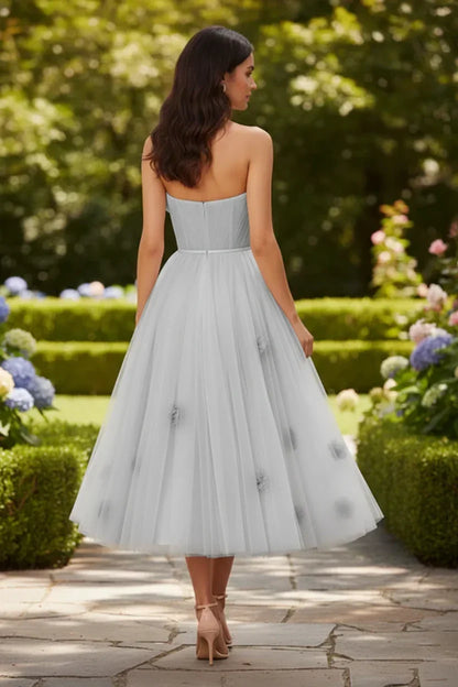 3D Floral Strapless Tulle Tea-Length Prom Dress | Sevoba